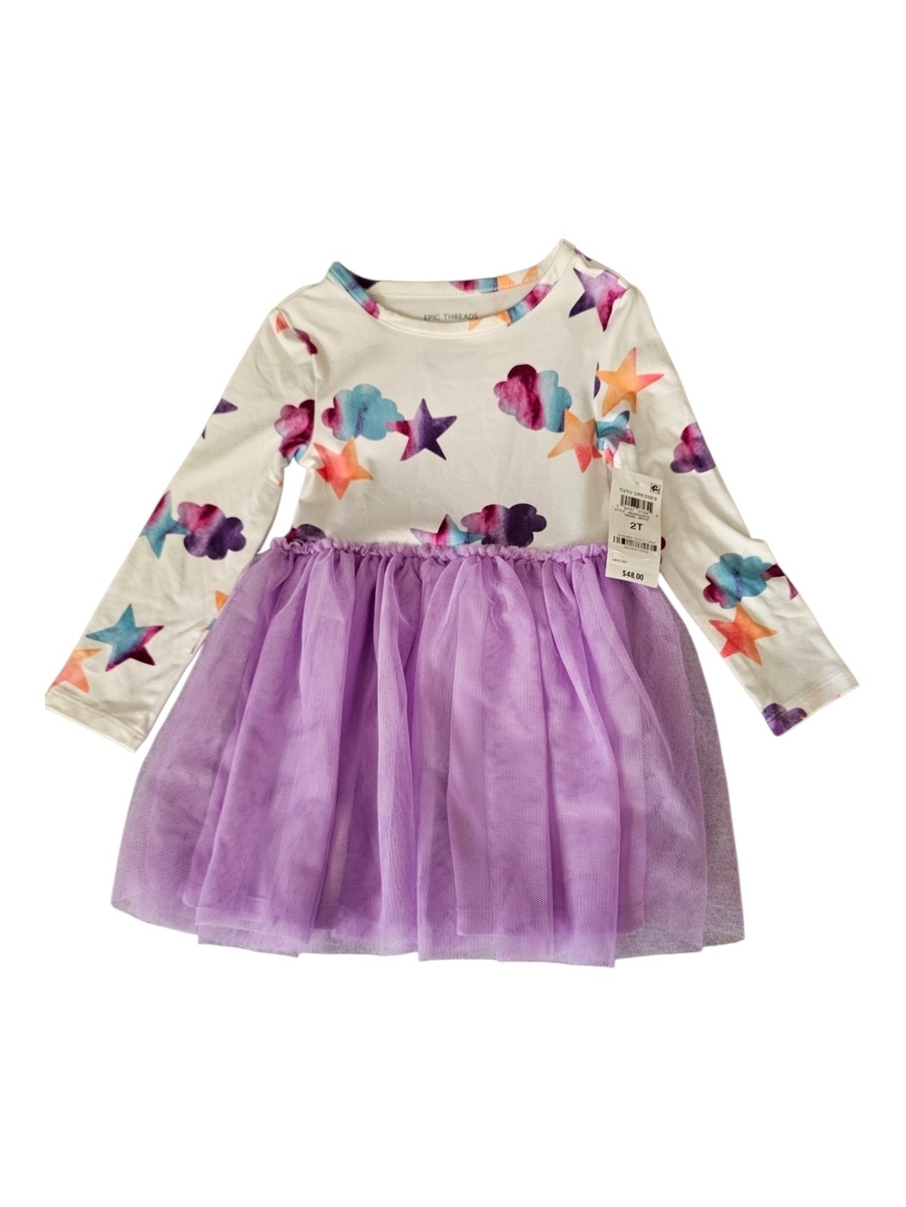 Epic Threads Cream Star Print Long Sleeve Tutu Dress with Purple Tulle Skirt